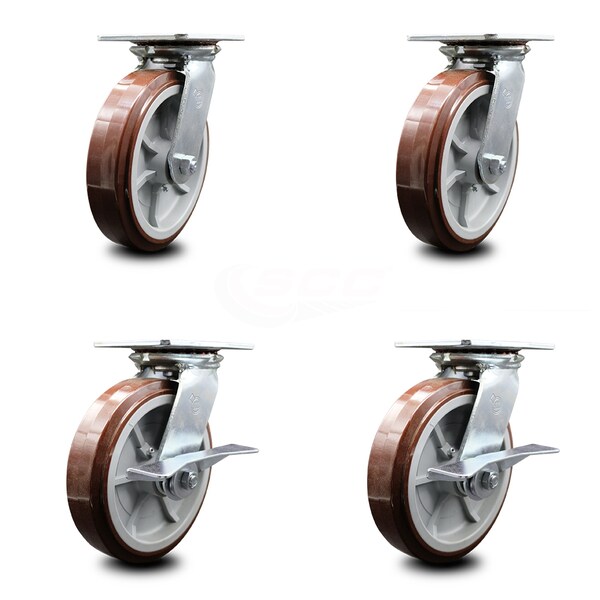 8 Inch Polyurethane Swivel Caster Set with Ball Bearings 2 Brakes